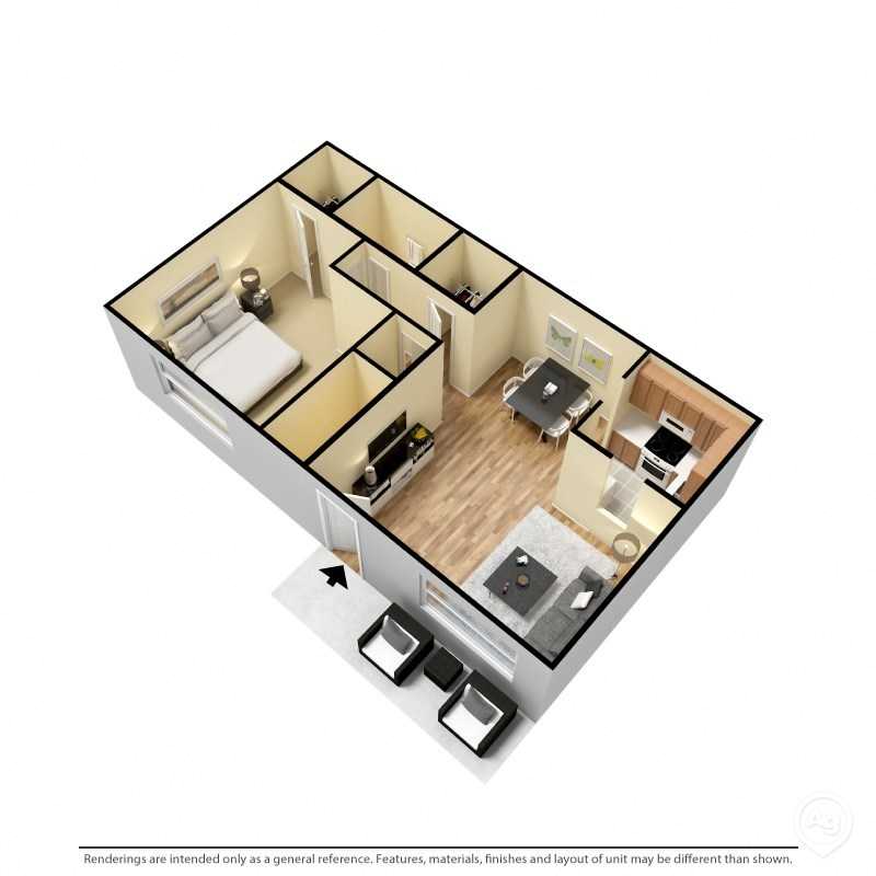 Floor plan for 1 bed, 1 bath, 770 sqft